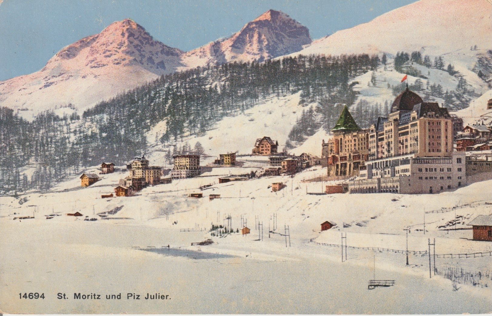 Cartoline postali: P 217, St. Moritz und Piz Julier, ca. 1920 – Usato da Freienbach venduto da Bhaltis