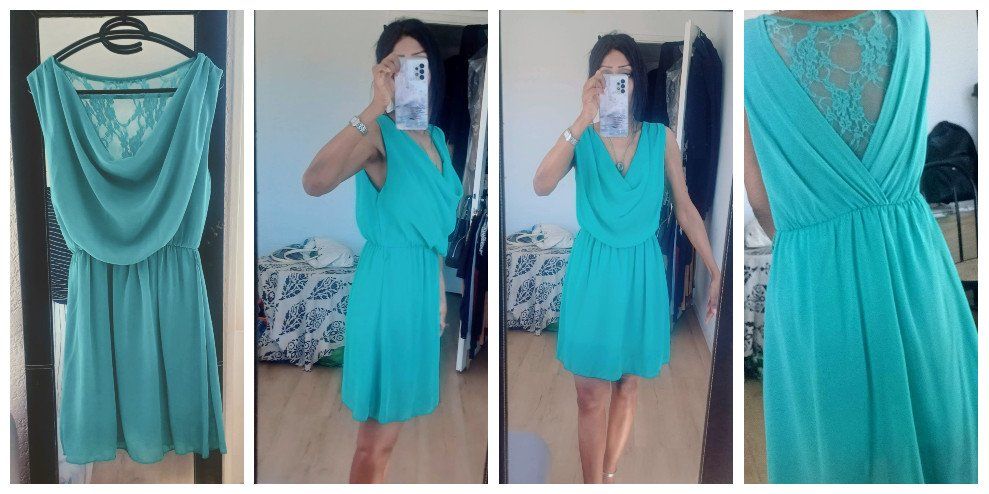 Kleider: Taille S Robe turquoise drappée avec dos couvert de dentelle – Neu (gemäss Beschreibung) aus La Chaux-de-Fonds von jen_h95m
