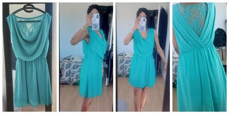 Taille S Robe turquoise drappée avec dos couvert de dentelle