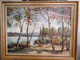 H. Grieder – See- und Waldlandschaft, Öl auf Leinwand