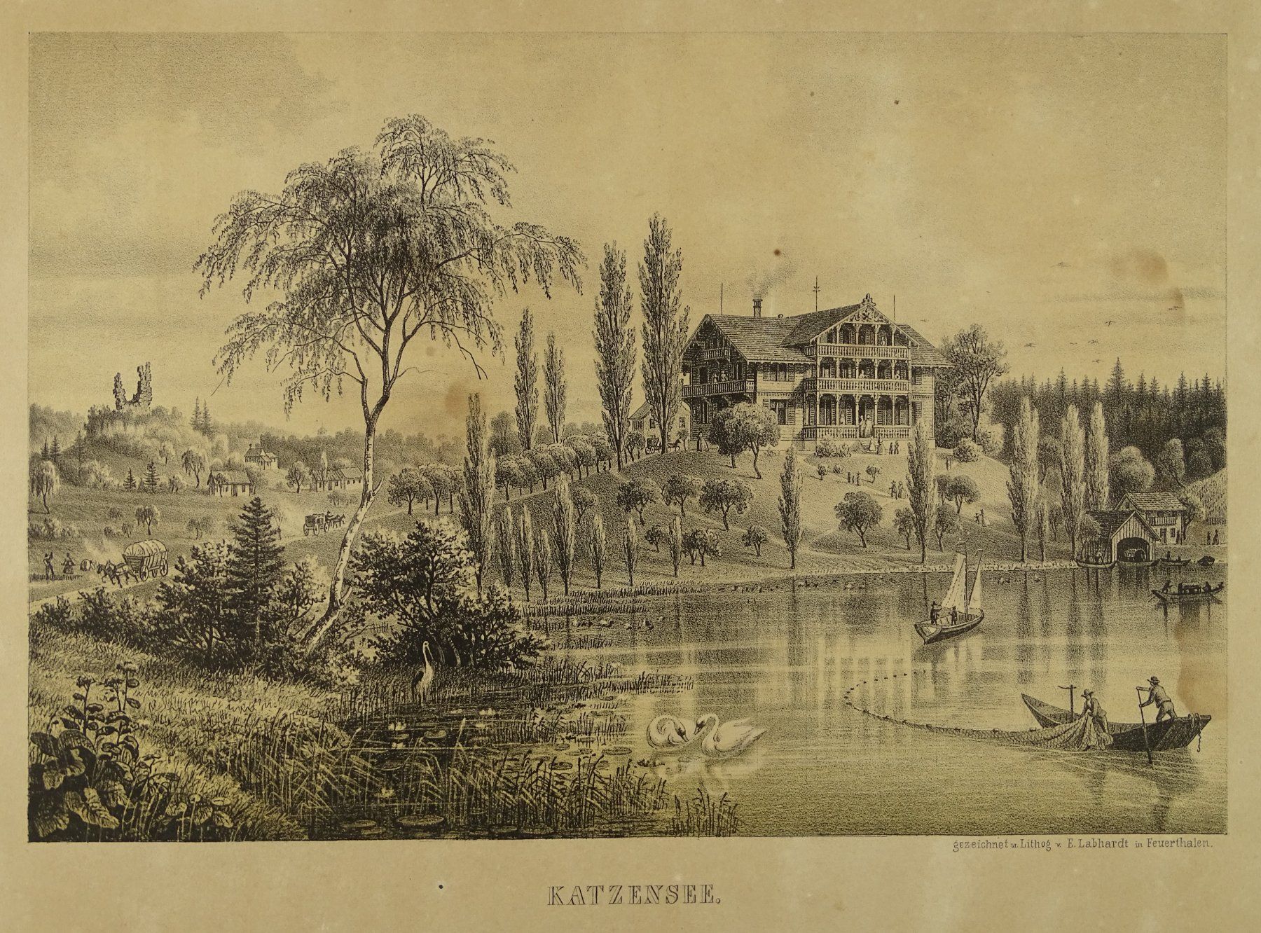 Incisioni: ZÜRICH, REGENSDORF, KATZENSEE, LITHOGRAPHIE VON E. LABHARDT – Usato da Grüningen venduto da Kartensammler