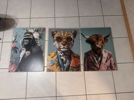 3er Set Wandbilder Tiere Gorillas, Leopard, Kuh "used"