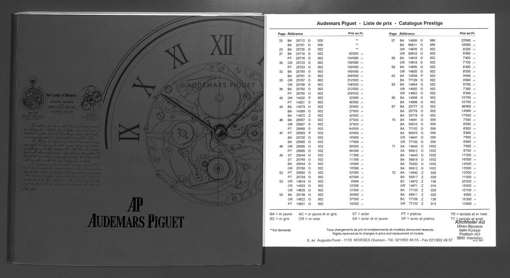 Katalog AUDEMARS PIGUET + Preisliste🇨🇭1997 (111 Seiten) (Neu (gemäss