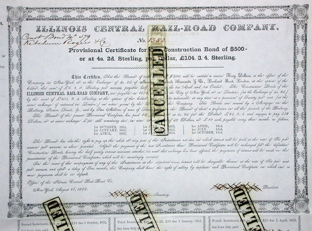 Documenti: Illinois Central Railroad Company - 1852 – Usato da Solothurn venduto da Sgasche