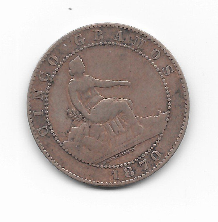 Tutti le monete: 1870 PESETAS MÜNZE CINCO CENTIMOS – Usato da Reinach BL venduto da Katzenmorli