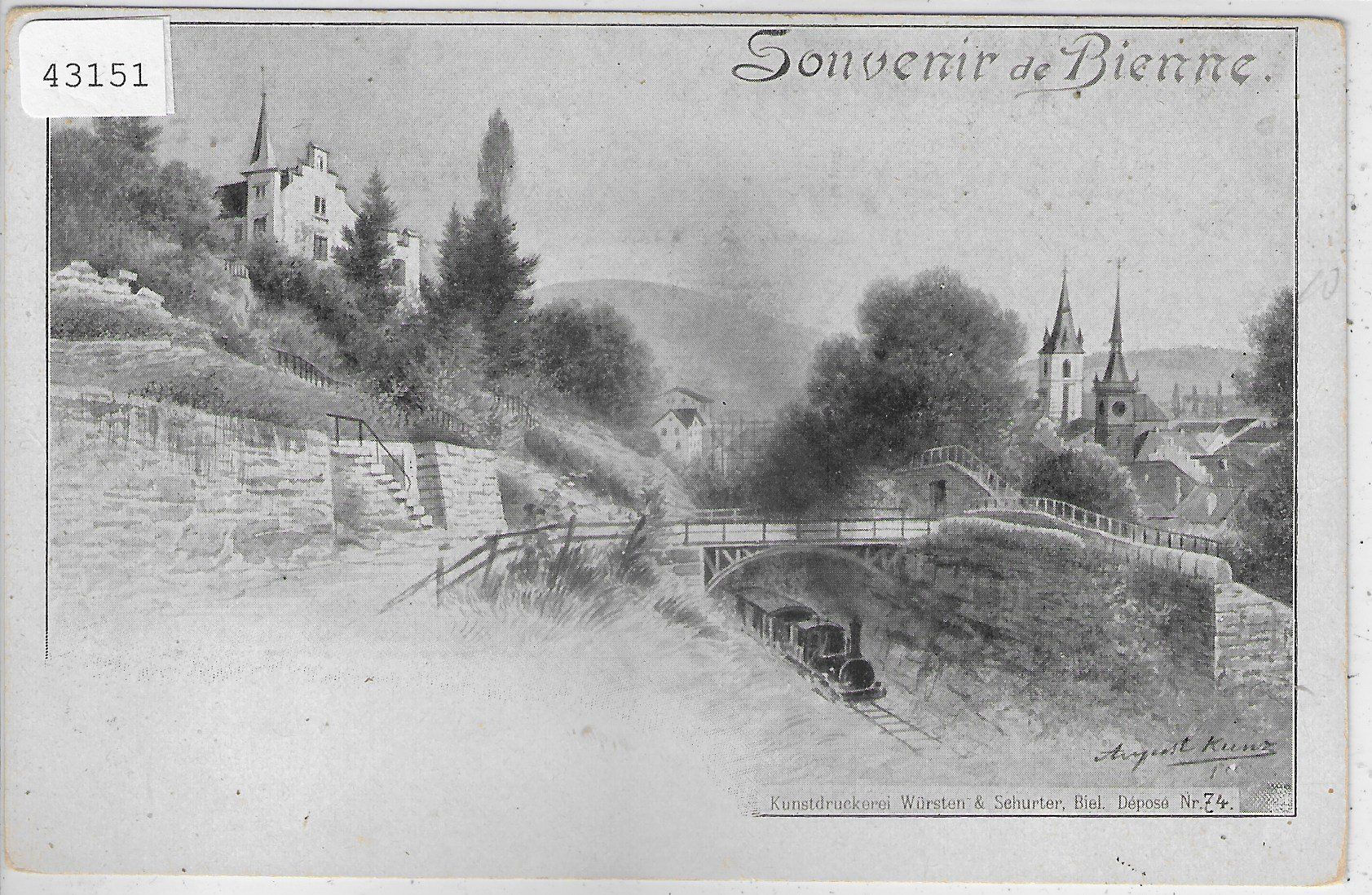 Cartoline postali: Souvenir de Bienne Biel mit Dampfzug – Usato da Ettingen venduto da Kartenplanet