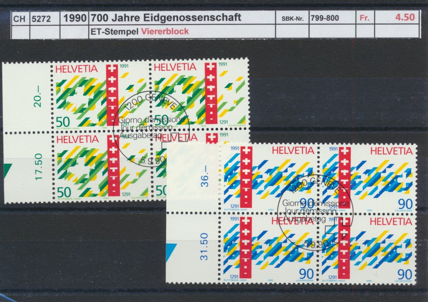 Tutti i francobolli: 1990 "700 Jahre Eidgenossenschaft", Viererblock, ET-Stempel – Usato da Winterthur venduto da Zupogeru