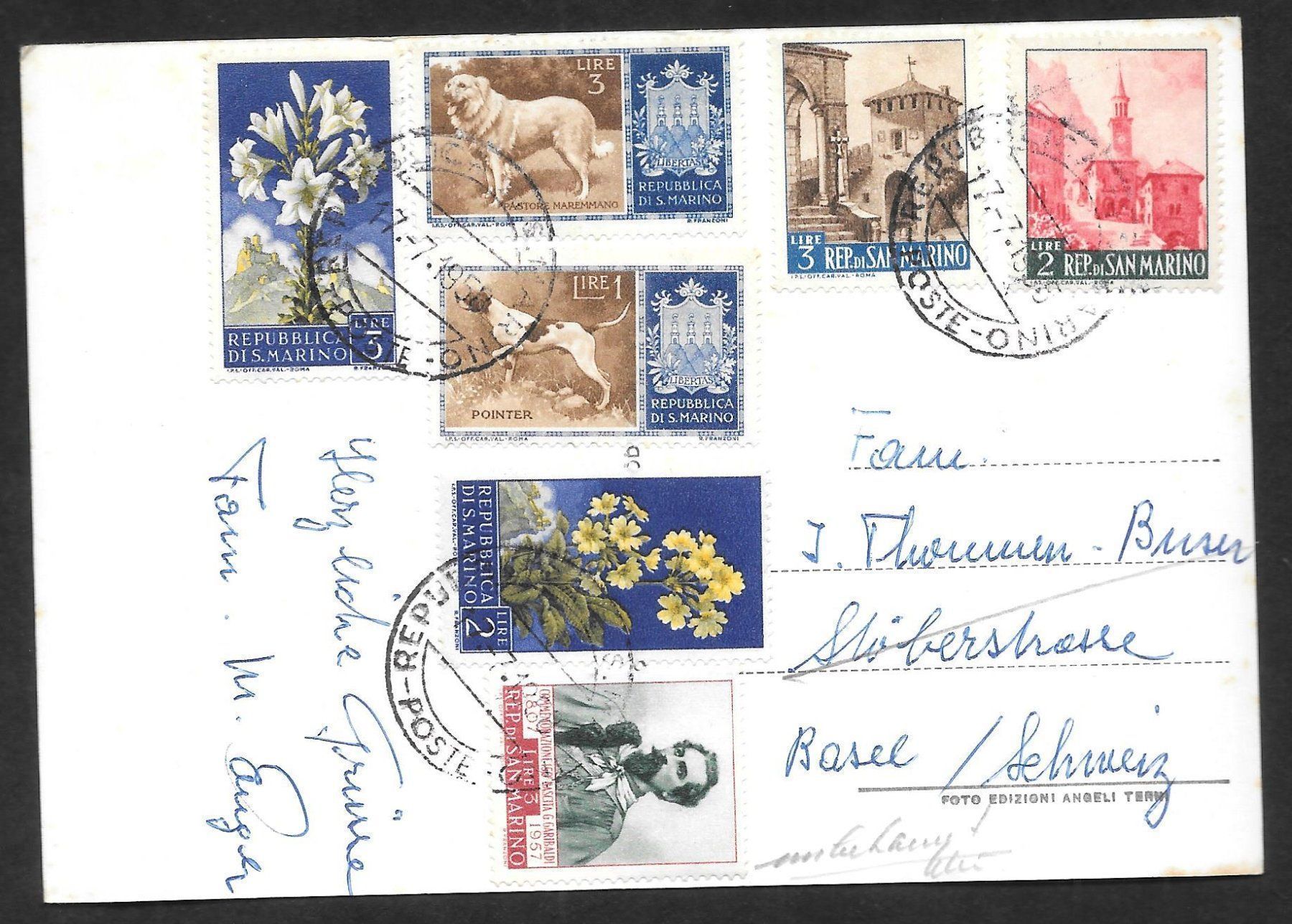 Tutti i francobolli: San Marino Ansichtskarte mit 7 Marken gest. 17.7.1958 – Nuovo (secondo la descrizione) da Olten venduto da clotaldi