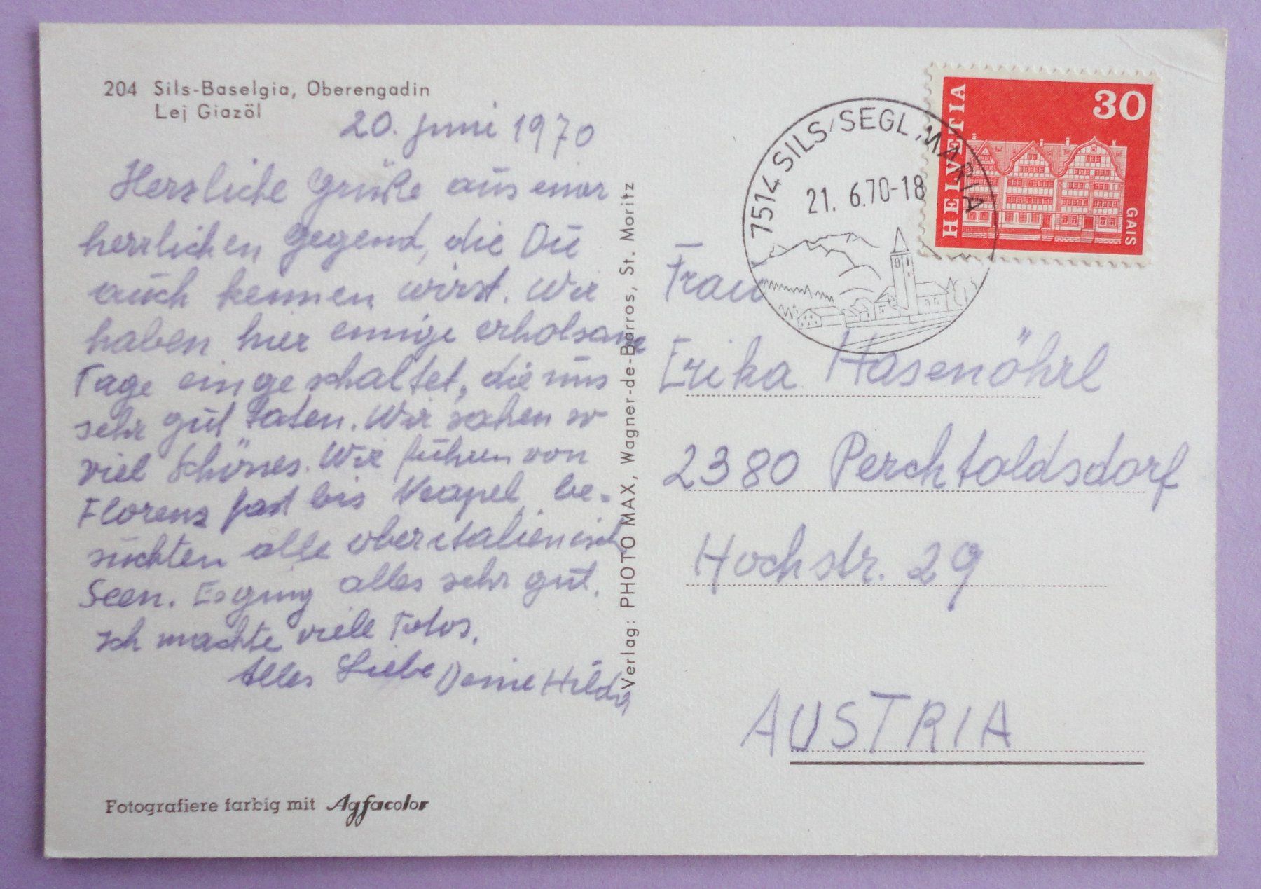 Cartoline postali: Sils-Baselgia, Lej Giazöl – Usato da Fétigny venduto da Billy2miny 1