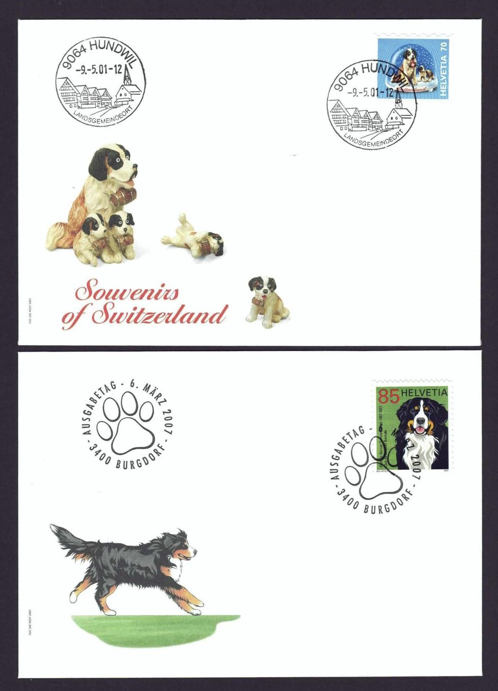 Alle Briefmarken: 2 FDC 2001 u 2007 Hunde, Stempel beachten – Gebraucht aus Basel von Pfefferschootte