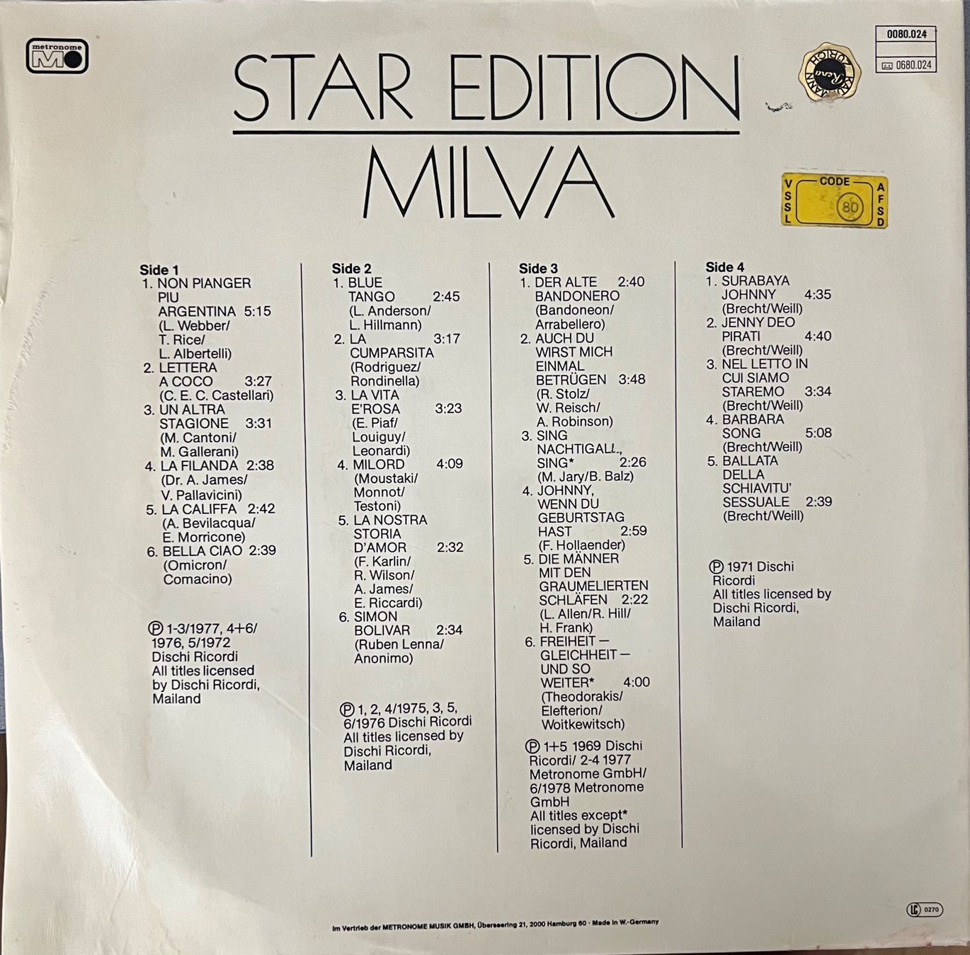 Schallplatten: MILVA STAR - EDITION - Vinyl Doppel-LP – Gebraucht aus Horw von Belowzero0 1