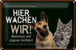 Blechschild-HIER WACHEN WIR-HUND+KATZE