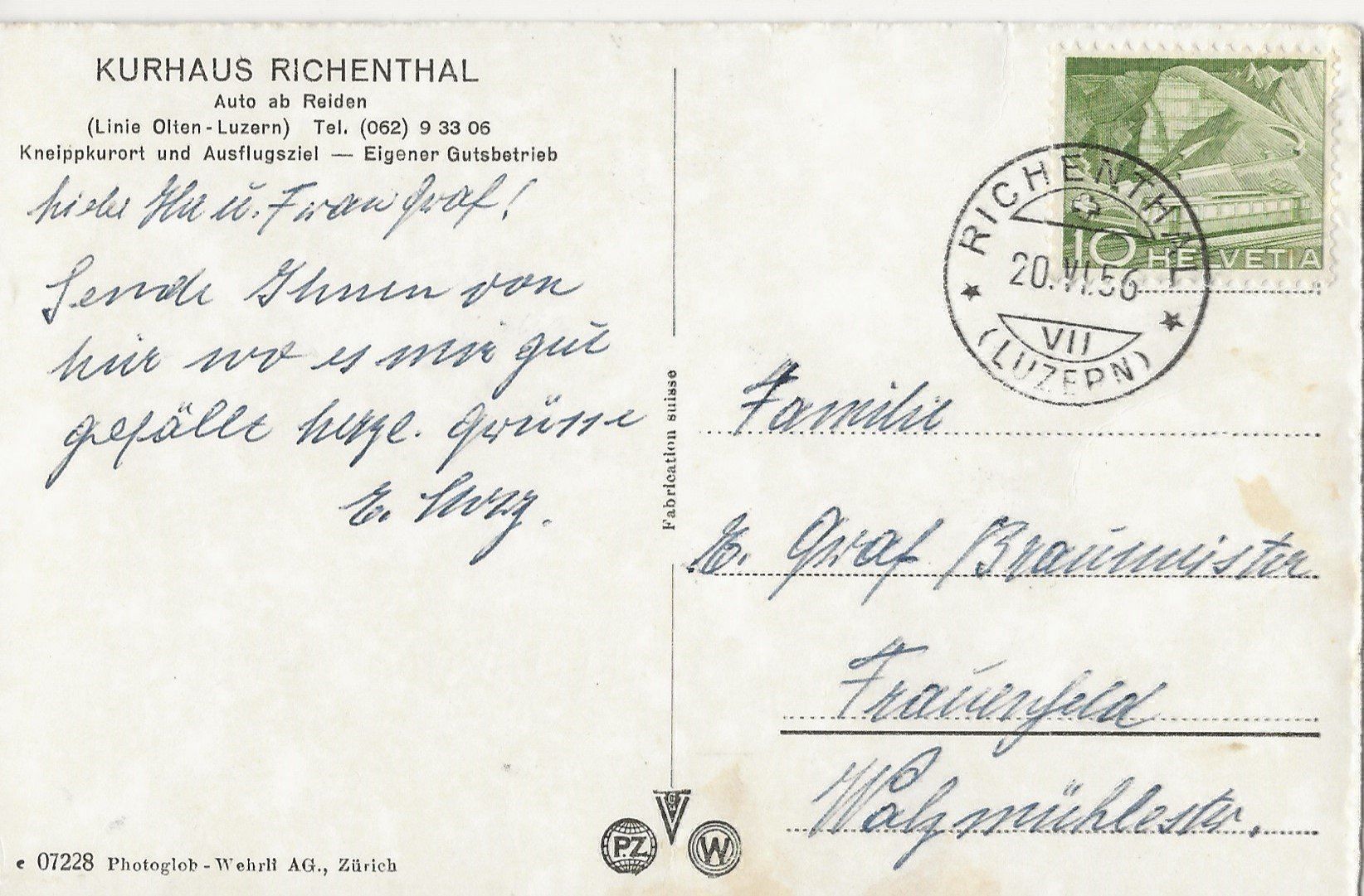 Cartes postales: Kurhaus Richenthal. 1956 – D'occasion à Frauenfeld par Merk52 1