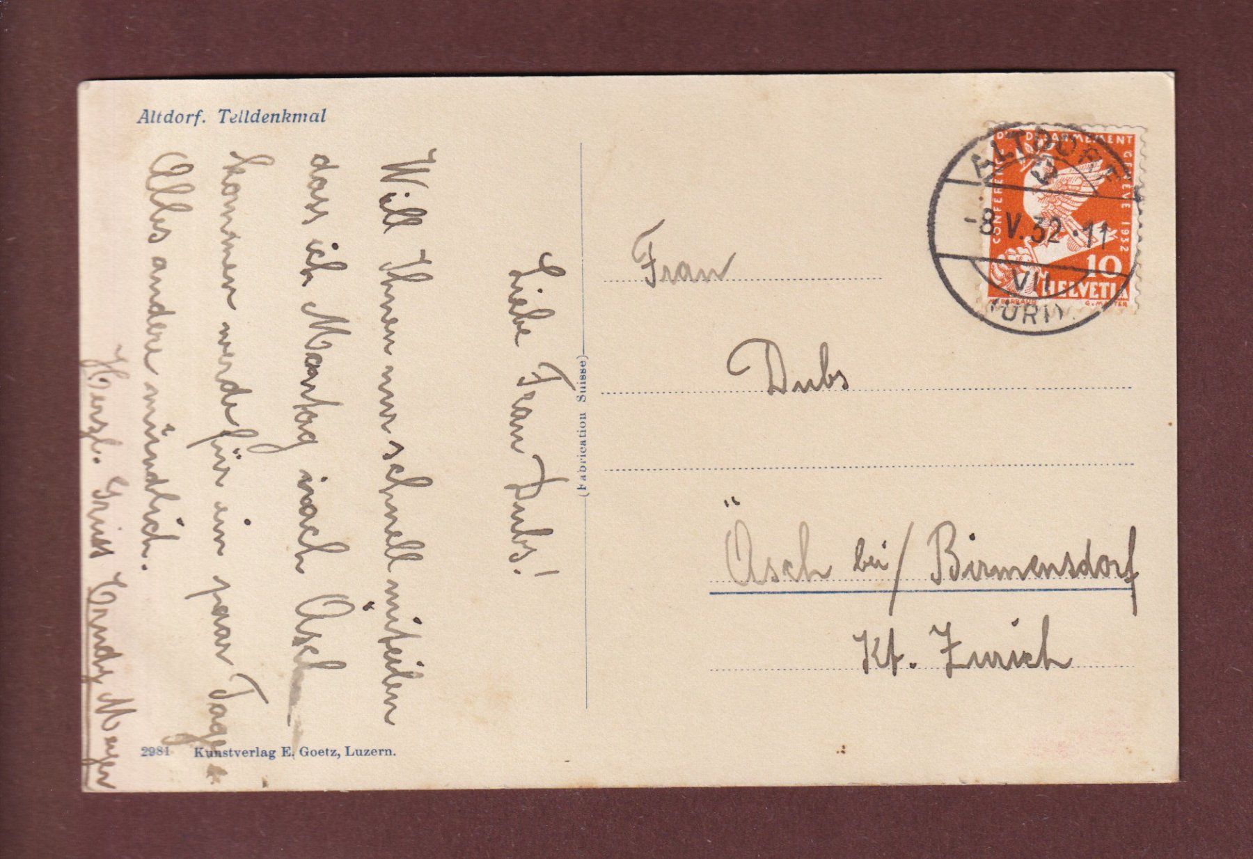 Cartoline postali: ALTDORF - Telldenkmal - 1932 – Usato da Pully venduto da nicecards-shop 1