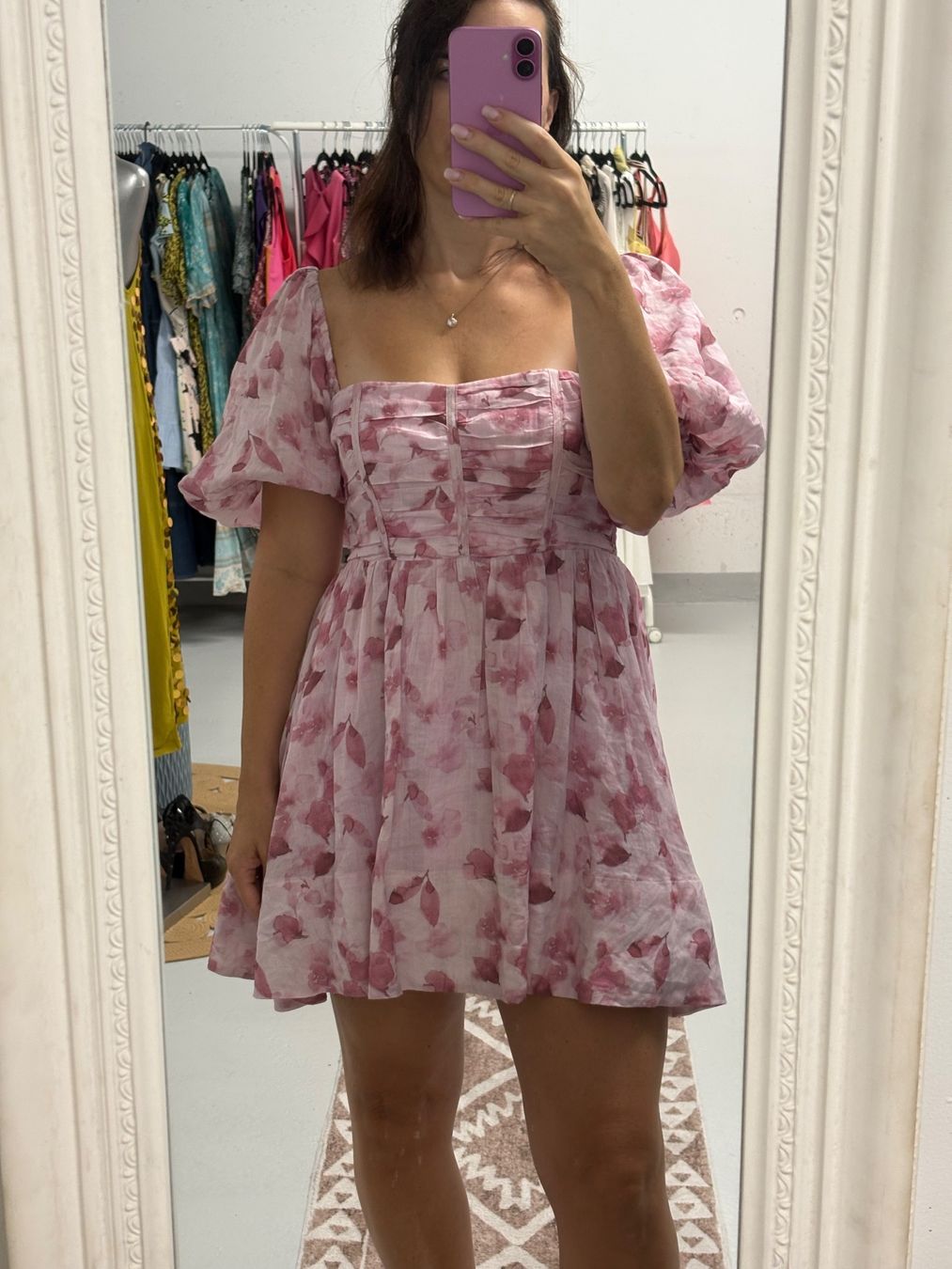 Vestiti: Bardot Minikleid rosa Blumenmuster Gr. L Puffärmel Boho – Nuovo (secondo la descrizione) da Regensdorf venduto da secondchancefashion