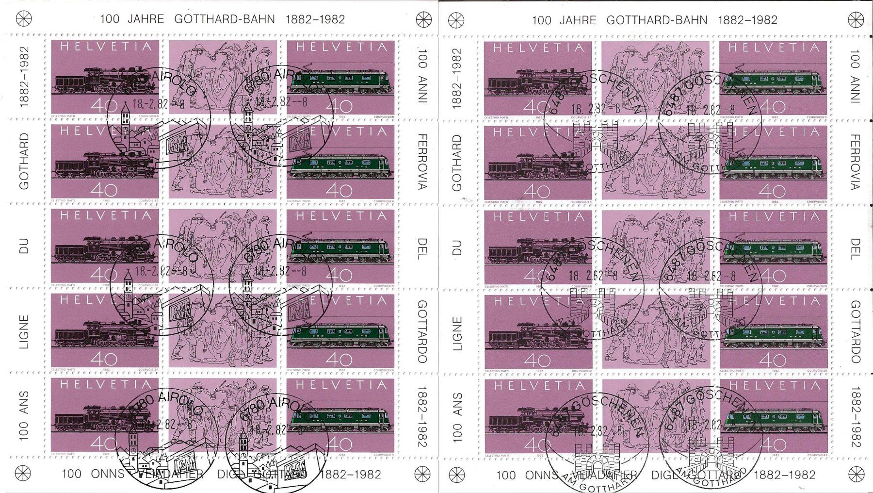 Tutti i francobolli: 2 Kleinbogen 100 Jahre Gotthardbahn 1982 Ersttag – Usato da Zürich venduto da Philacat11