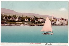 Rorschach, Segelboot vor dem Hafen, gelaufen 1913