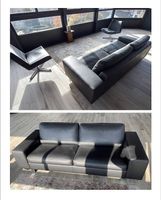 Canapé en cuir noir + 2 fauteuils pivotants assortis