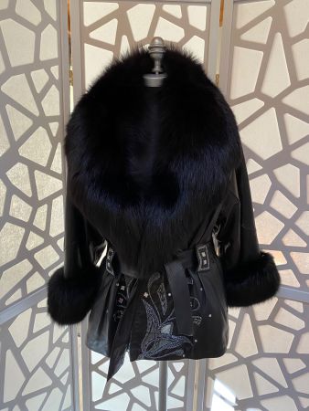 Beautiful vintage black leather & fur jacket with embroidery