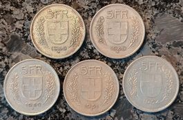 5× 5 Franken Silbermünzen 1948, 1949, 1950,1951,1954