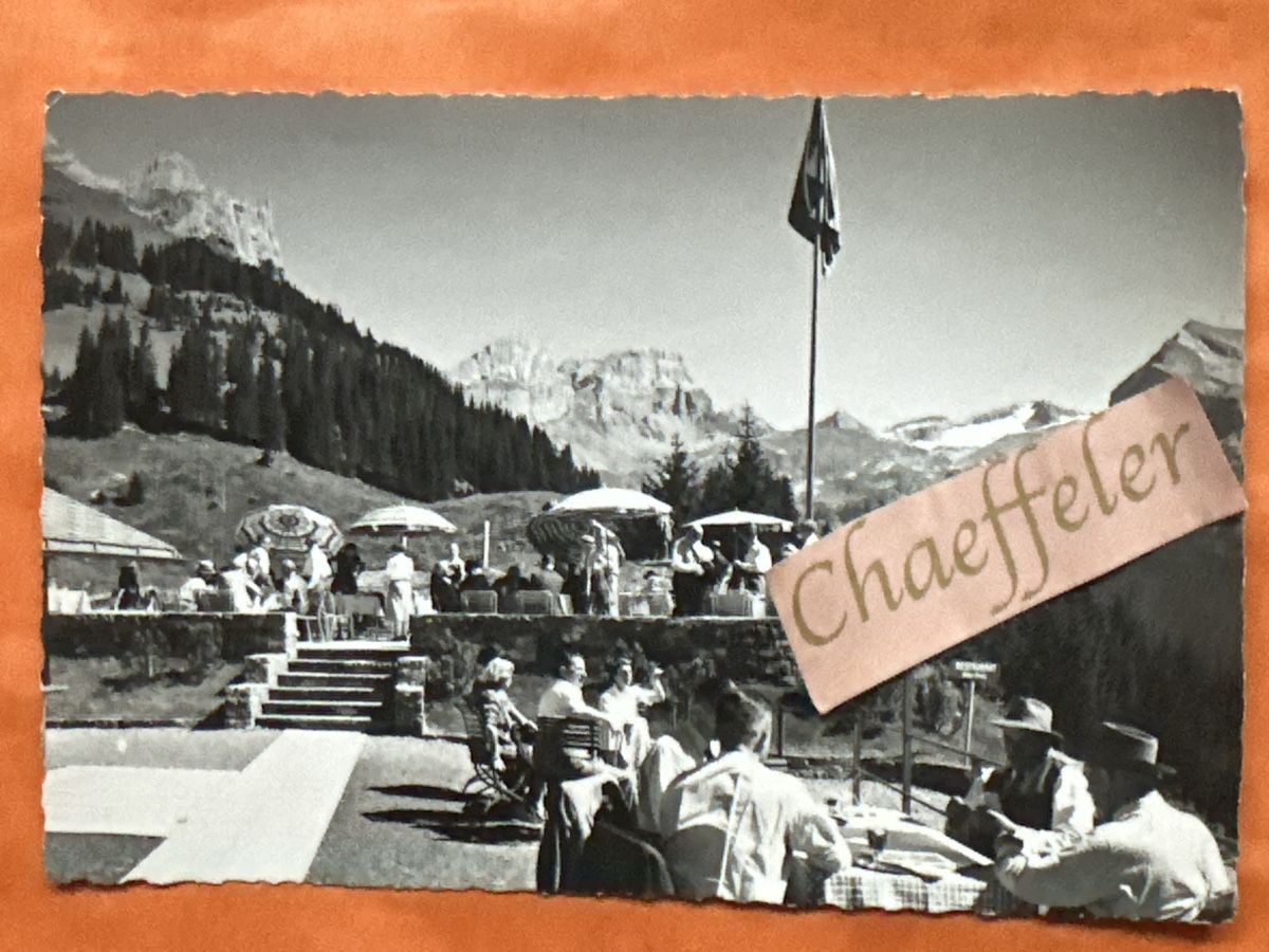 Cartoline postali: Terrasse-Rest. Ristis, Endstation der Luftseilbahn Engelberg – Usato da Zürich venduto da Chaeffeler