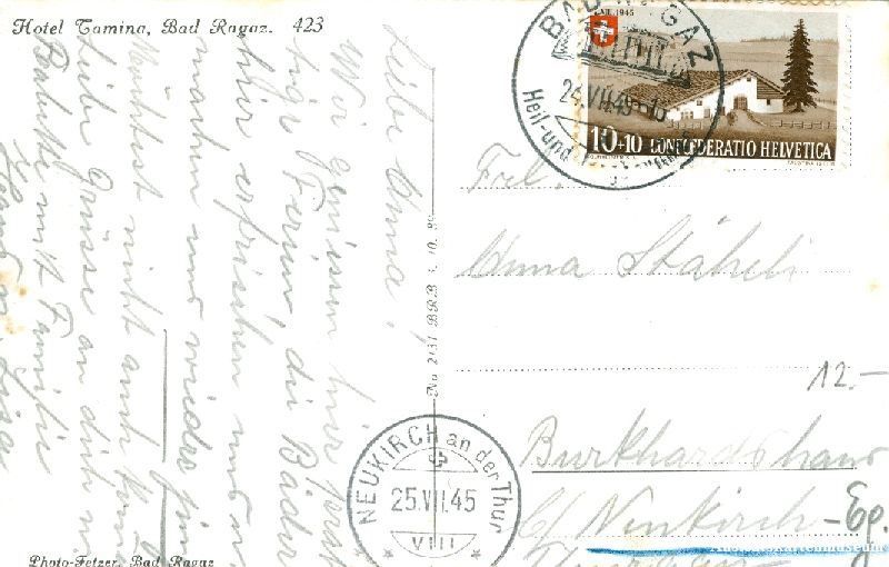 Cartoline postali: Bad Ragaz - Hotel Tamina + 1945 – Usato da Emmenbrücke venduto da teestube 1