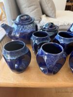 Keramik Tee Service 6 teilig blau mit Kanne Zucker Milch