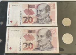 Kroatien Kuna Banknoten, 2x 20er 1xMünze 1Kuna 1Münze 5 Kuna