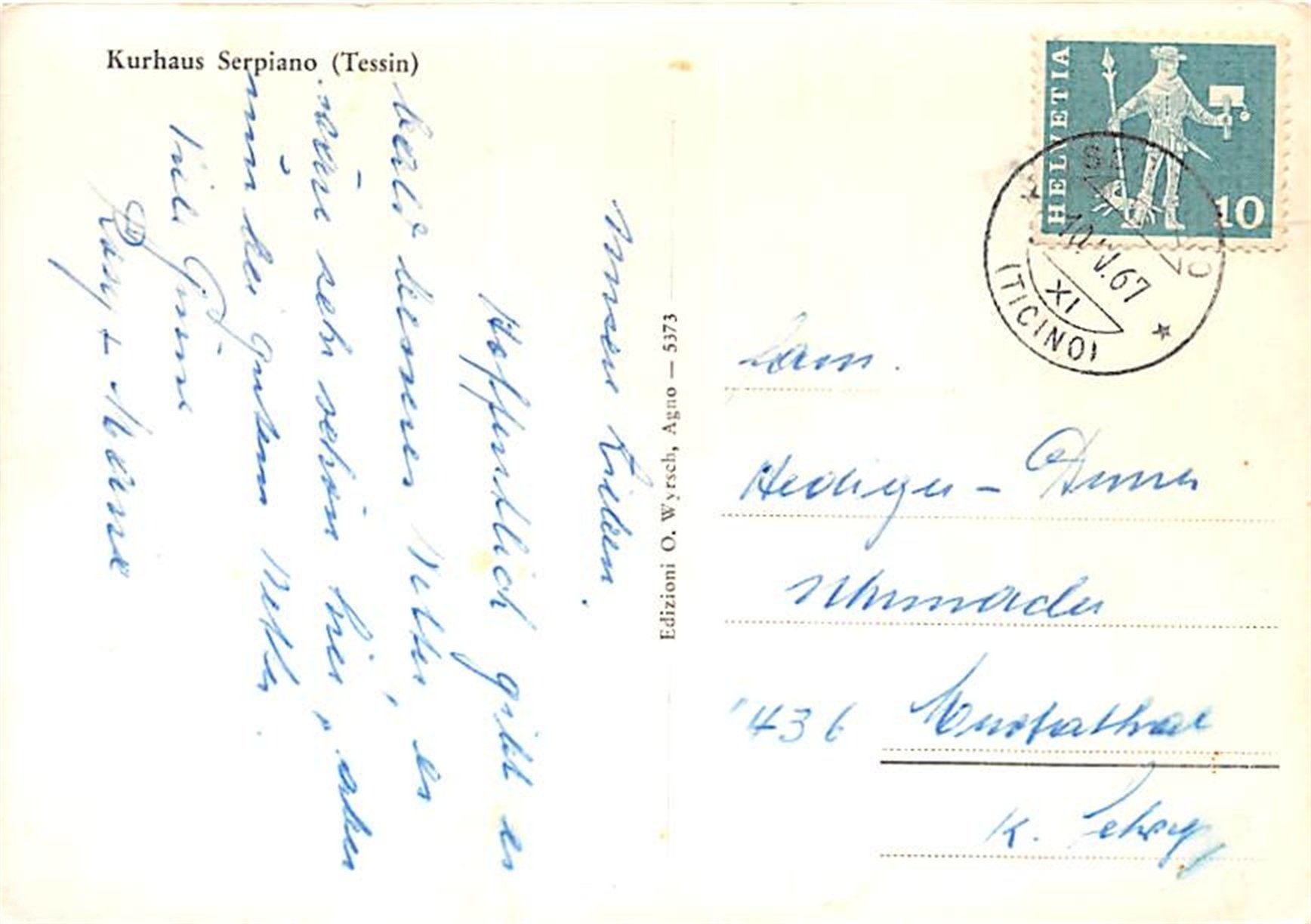 Cartoline postali: Serpiano, Kurhaus – Usato da Ottikon b.Kemptth. venduto da Neptun1974 1