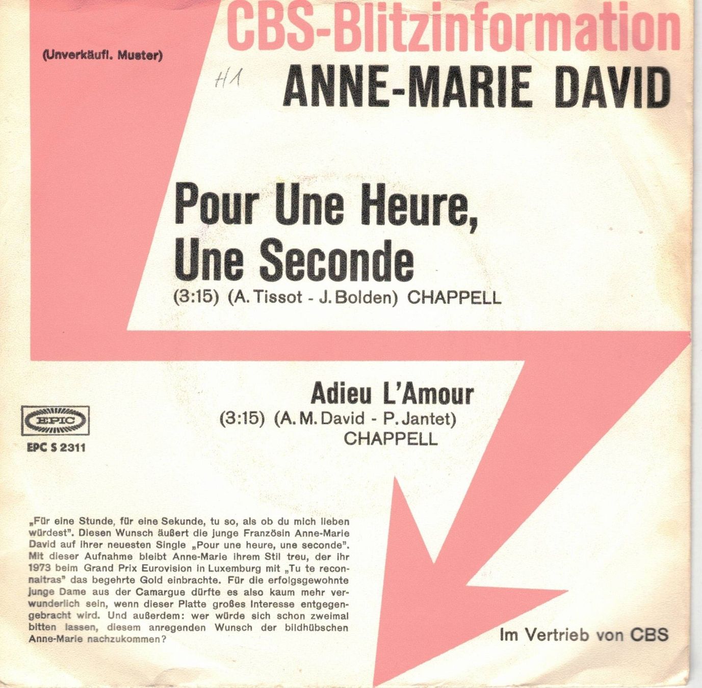 Vinyles: Single7  Anne Marie David -- Pour une heure – D'occasion à Rheinau par thealbum
