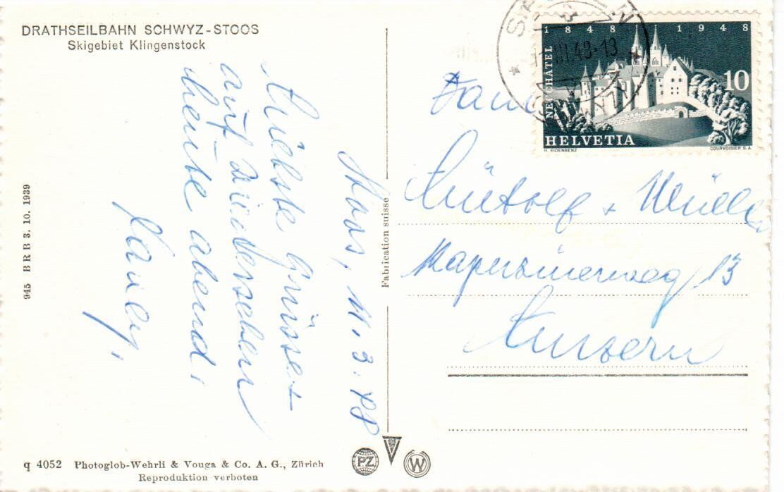 Cartoline postali: Skigebiet Klingenstock Stoos 1948 – Usato da Wolhusen venduto da Curver9 1