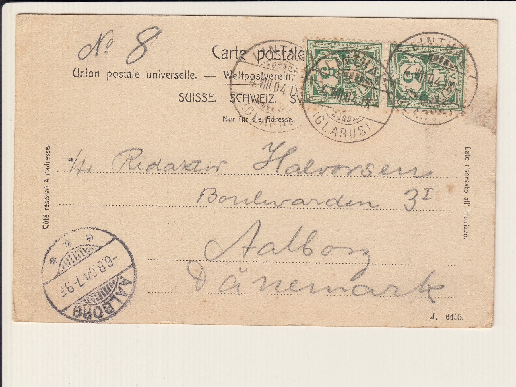 Ansichtskarten: AK Linthal 4.8.1904 nach Dänemark – Gebraucht aus Kirchberg BE von Mgh 2
