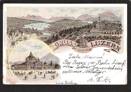 #Lithografie Gruss aus Luzern , gel. 1898 , Hotelstempel