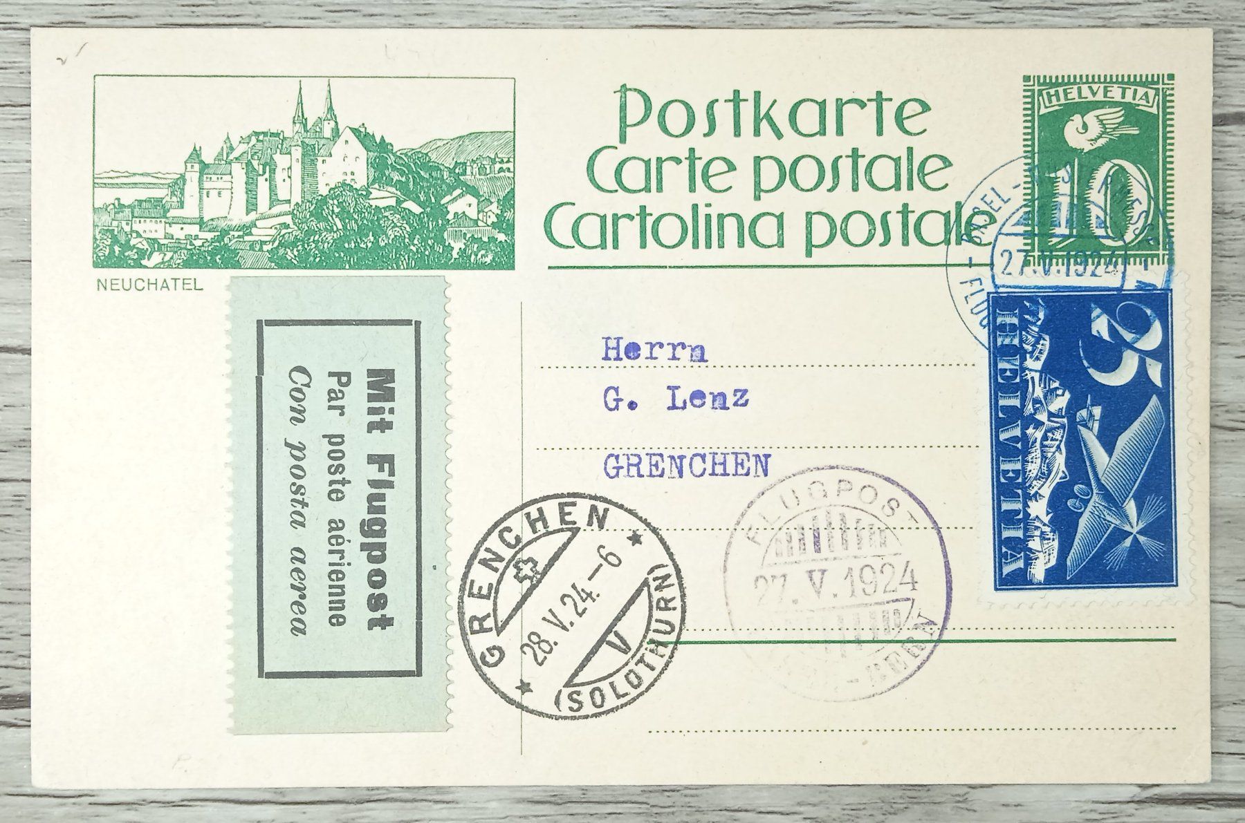 Tutti i francobolli: TR09 Carte Postale + Timbre Suisse 1924 – Usato da Cousset venduto da Patrick_Collections