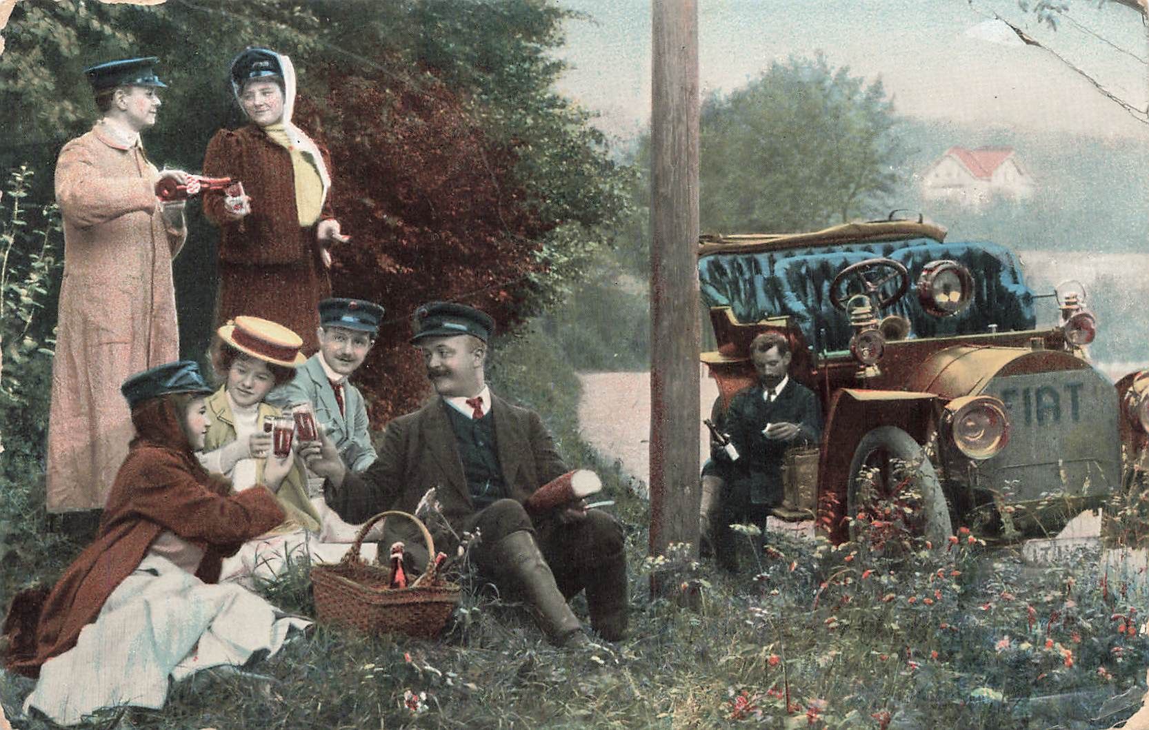 Cartoline postali: Oldtimer Picknick mit Personengruppe – Usato da Biasca venduto da Blenio71