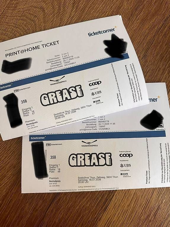Tickets: Grease Thuner Seespiele, Premiumtickets – Gebraucht aus Koppigen von aarelounge14