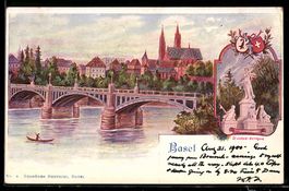 Litho Basel, Uferpartie mit Kirche und B