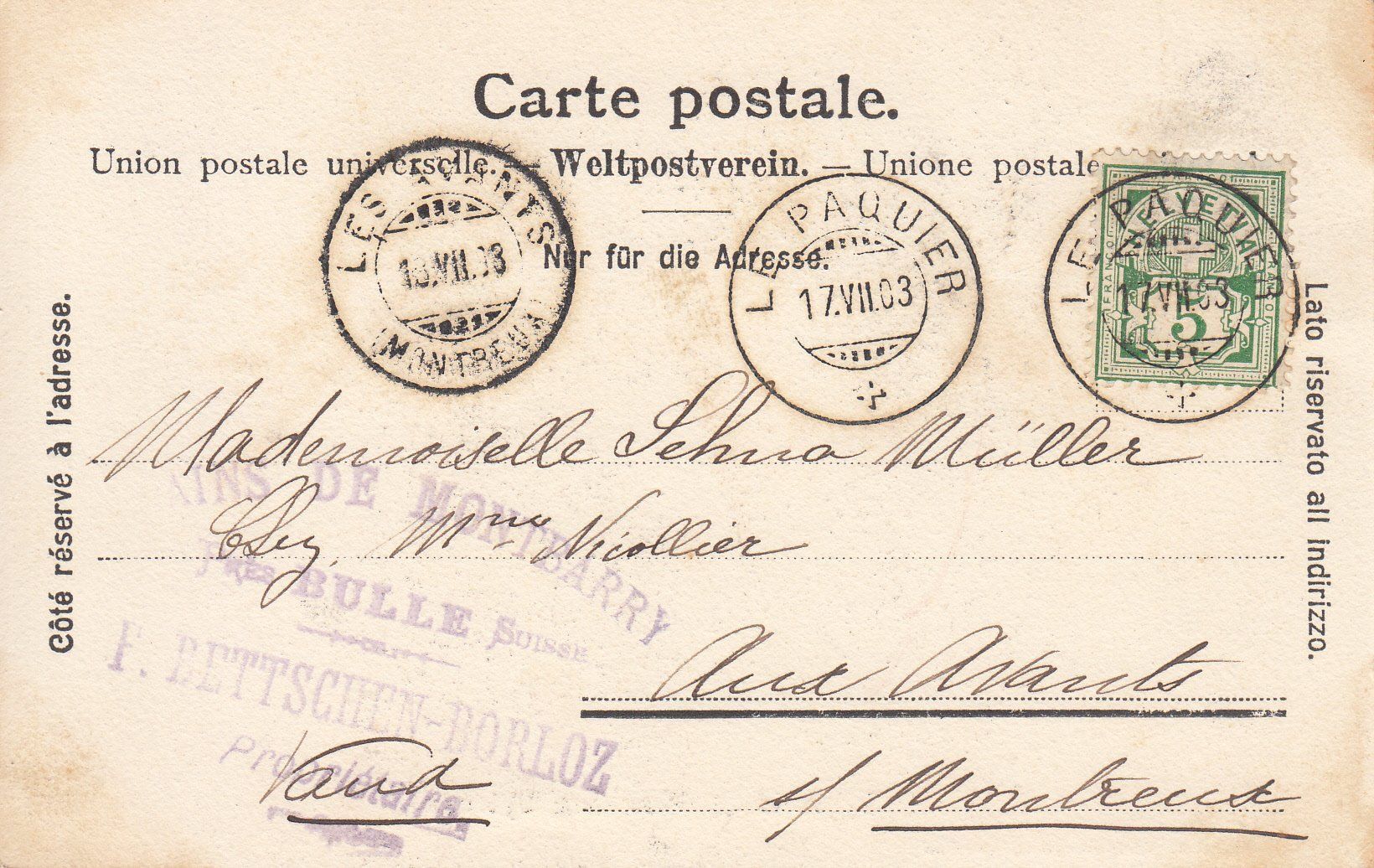 Cartoline postali: Gruyères 1903 – Usato da Bürglen TG venduto da StampGraf 1