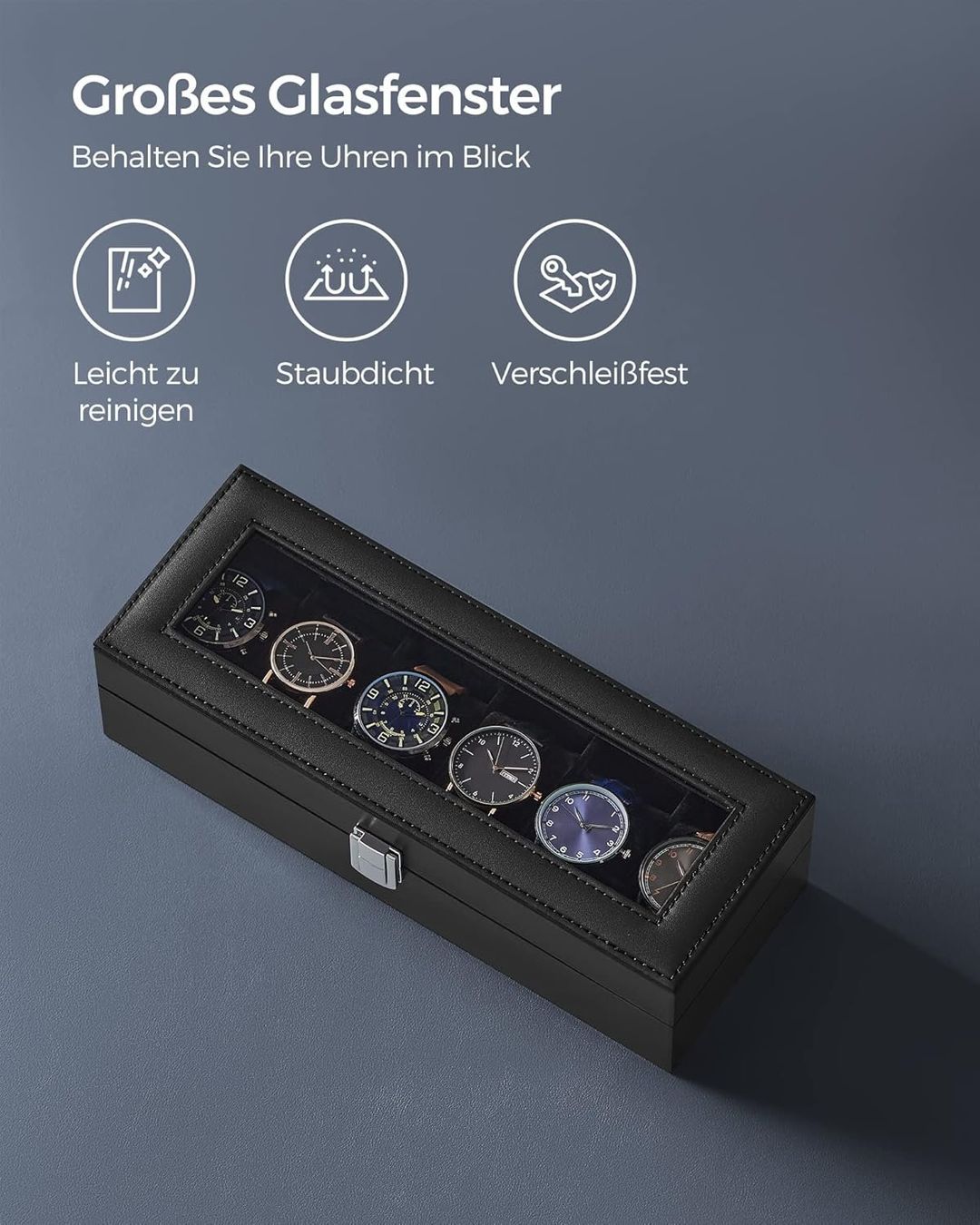 Scatole porta orologi: Uhrenbox schwarz 6 Fächer Glasdeckel elegant Box – Nuovo e nell'imballaggio originale da Wittenbach venduto da SELVARO 5