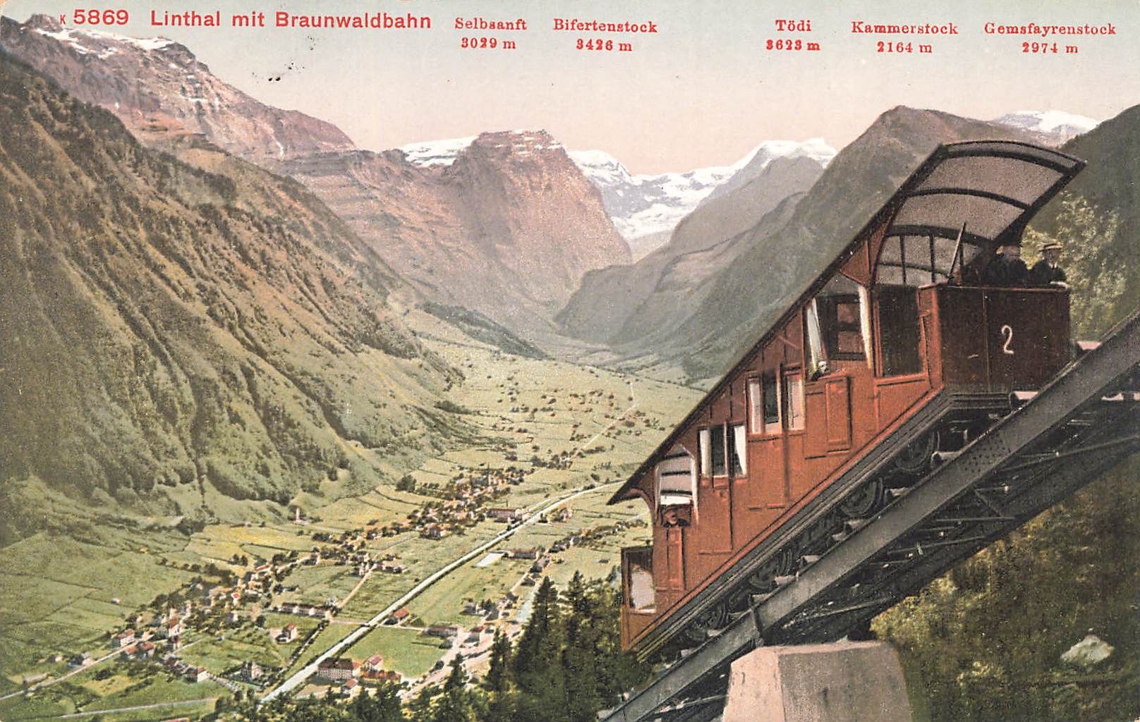 Cartoline postali: Linthal mit Braunwaldbahn Spielzeug Eisenbahn – Usato da Biasca venduto da Blenio71