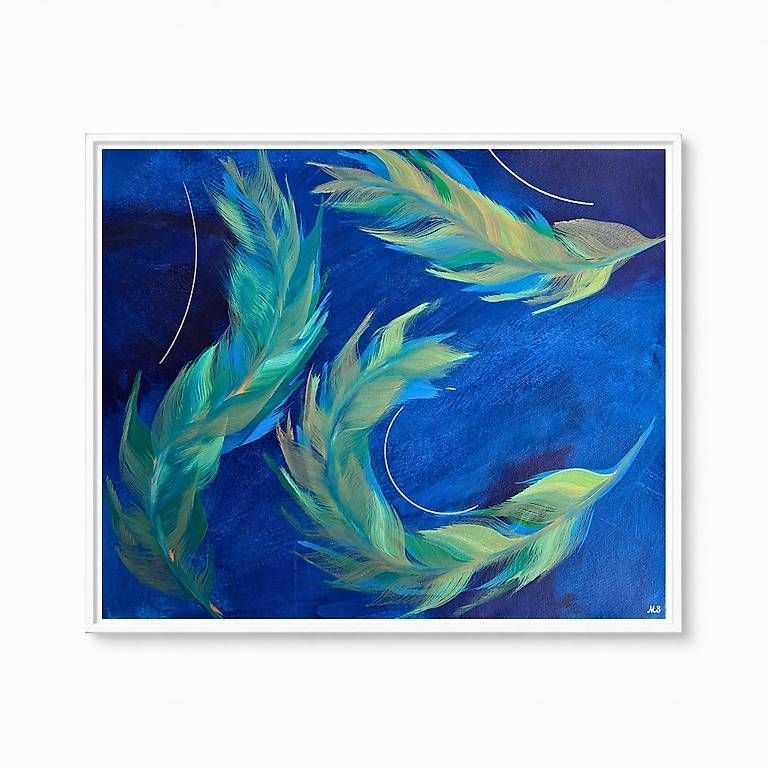 Dipinti: 60x50cm gemaltes Bild blau "Feathers" – Nuovo e nell'imballaggio originale da Urdorf venduto da manuela4