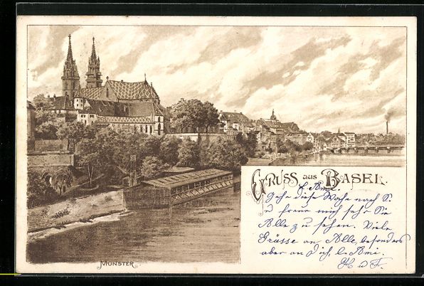 Cartoline postali: Litho Basel, Ortsansicht mit Münster – Usato da Berlin venduto da bartko-reher