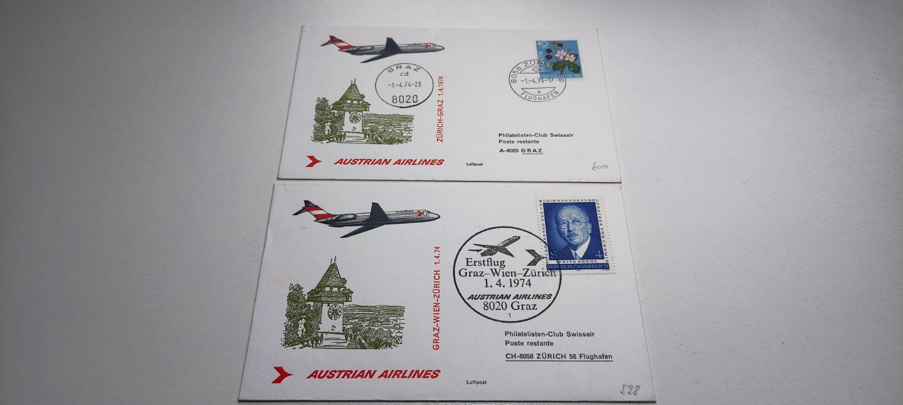Alle Briefmarken: 2x Ersttagsbriefe Austrian Airlines – Gebraucht aus Baar von Maxlee75