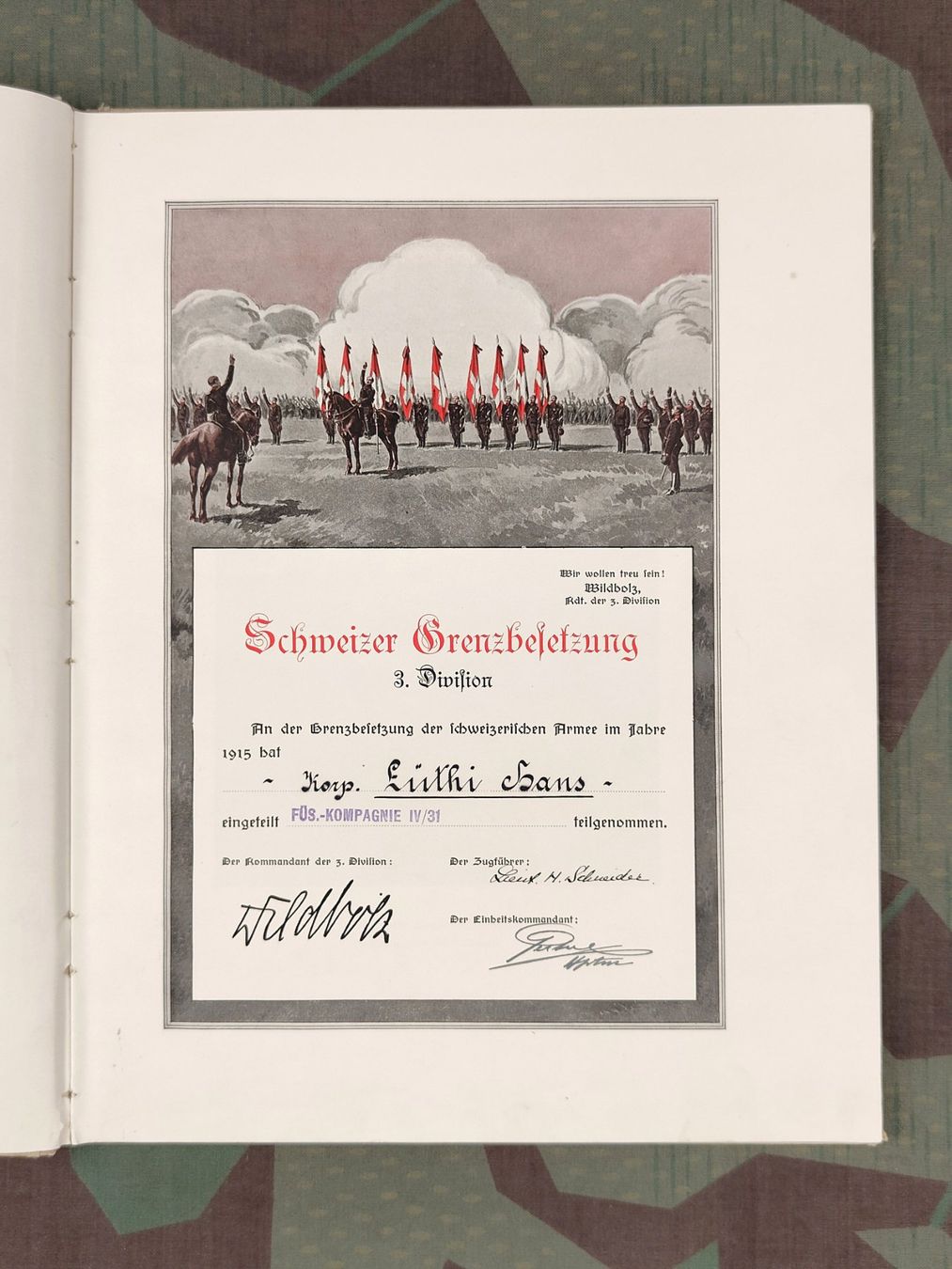 Schweizer Armee Uniformi: Album 3. Division 1915, mit Widmung – Usato da Bauma venduto da SwissMilitaria 2