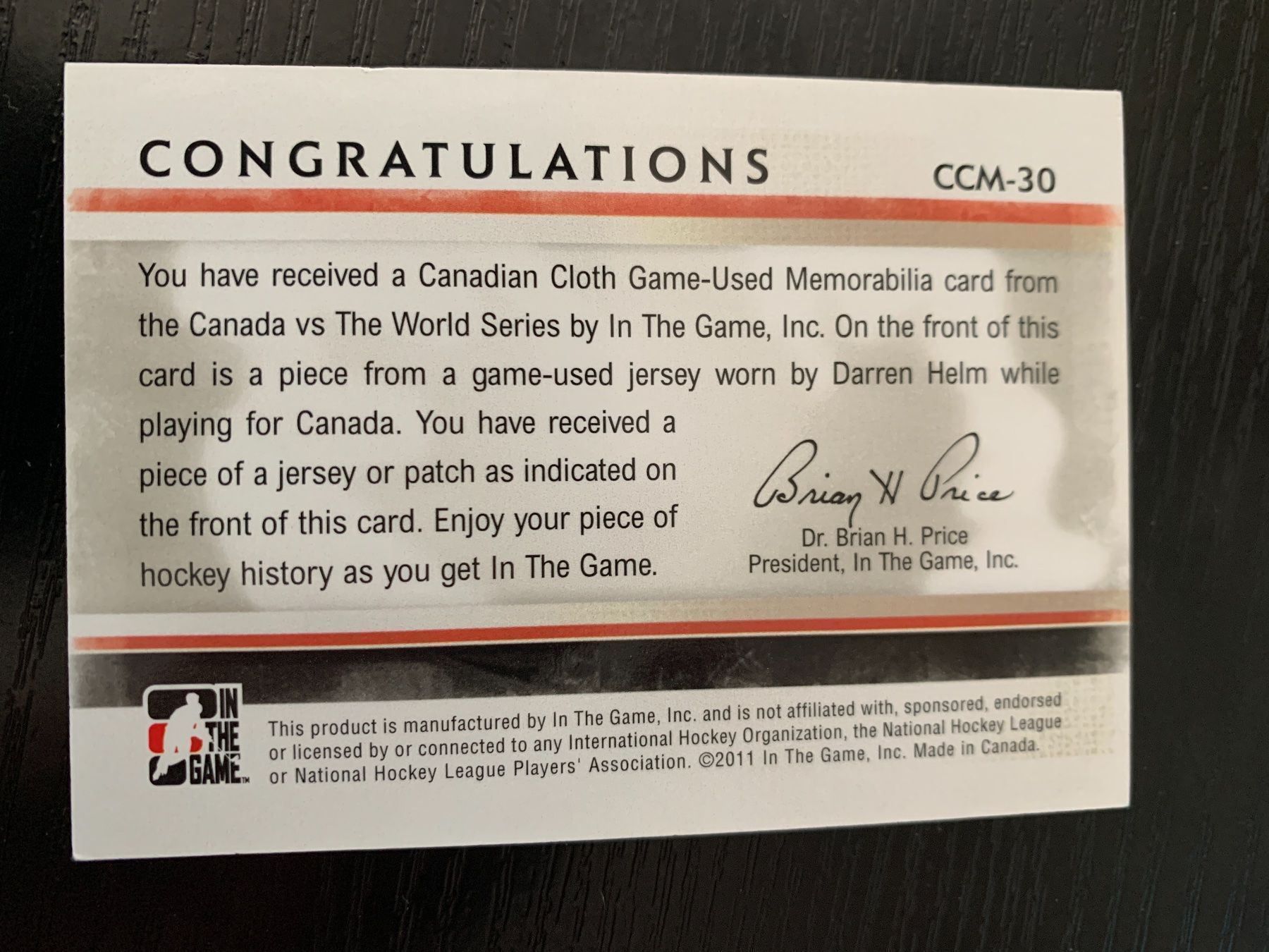 NHL Carte collezionabili: Team Canada Darren Helm Jersey Karte – Usato da Heimberg venduto da Buck89 1
