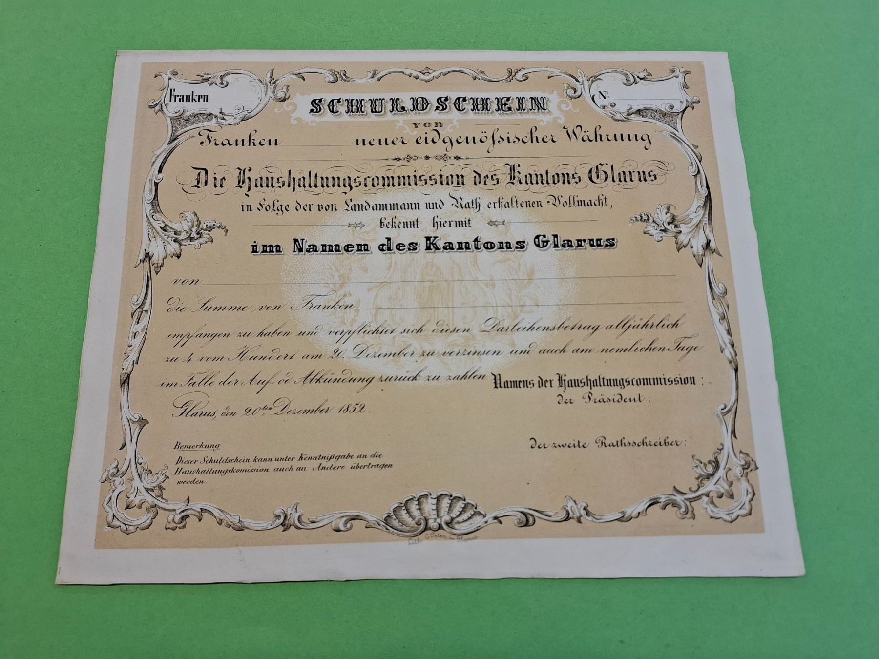Documenti: Schuldschein Kt. Glarus 1852 – Difettoso da Schwanden GL venduto da Suvorov