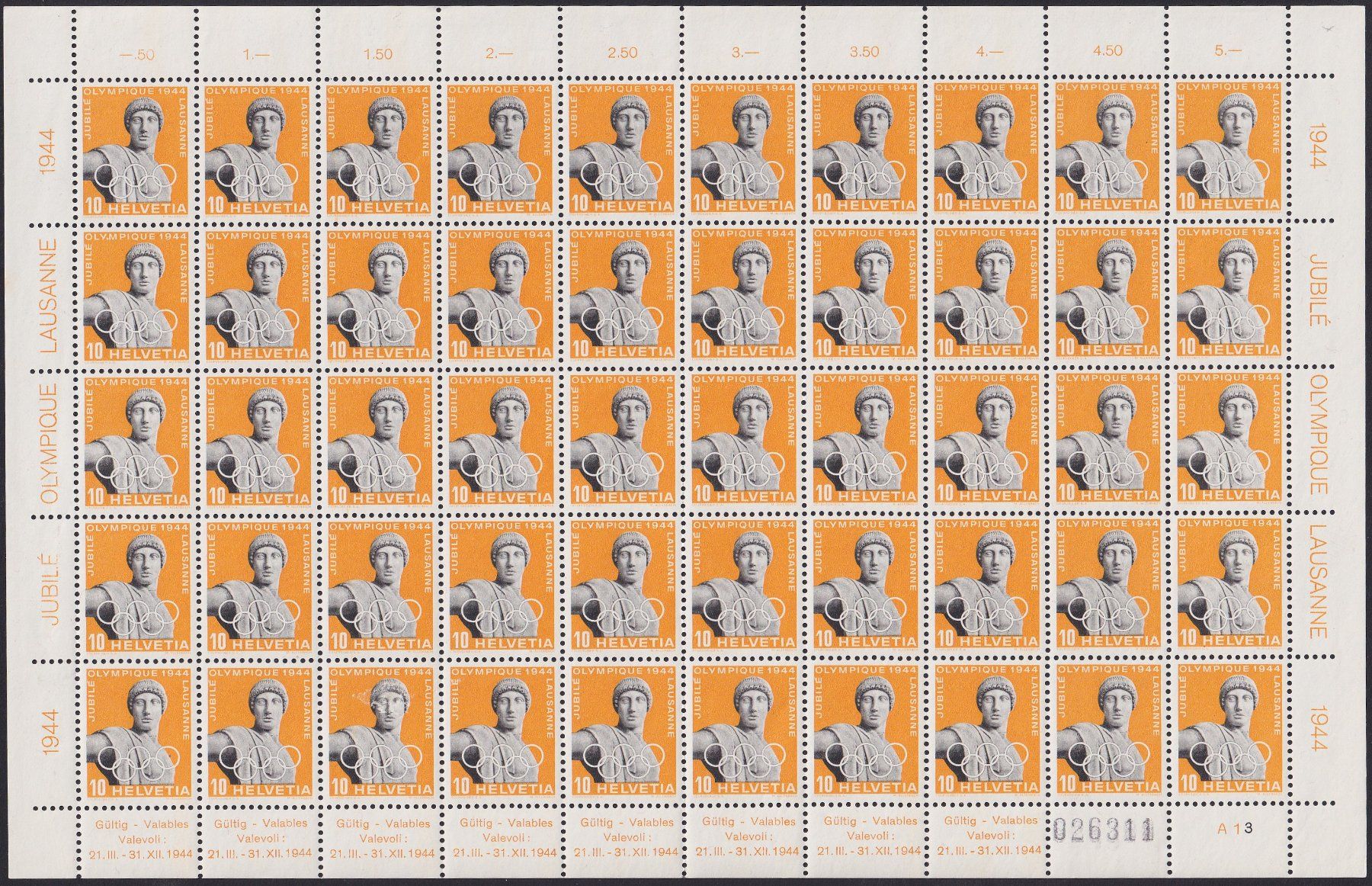 Tutti i francobolli: 1944, Nr.259-261 Bogen +diverse Plattenfehler!! **. 200.-+ – Usato da Sursee venduto da Luzernerraute 1