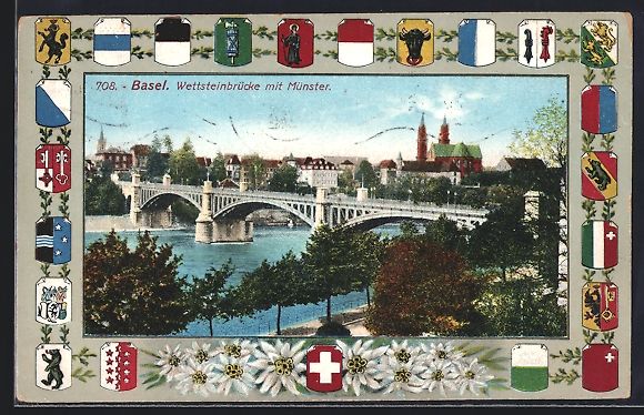 Cartoline postali: AK Basel, Wettsteinbrücke mit Münster – Usato da Berlin venduto da bartko-reher