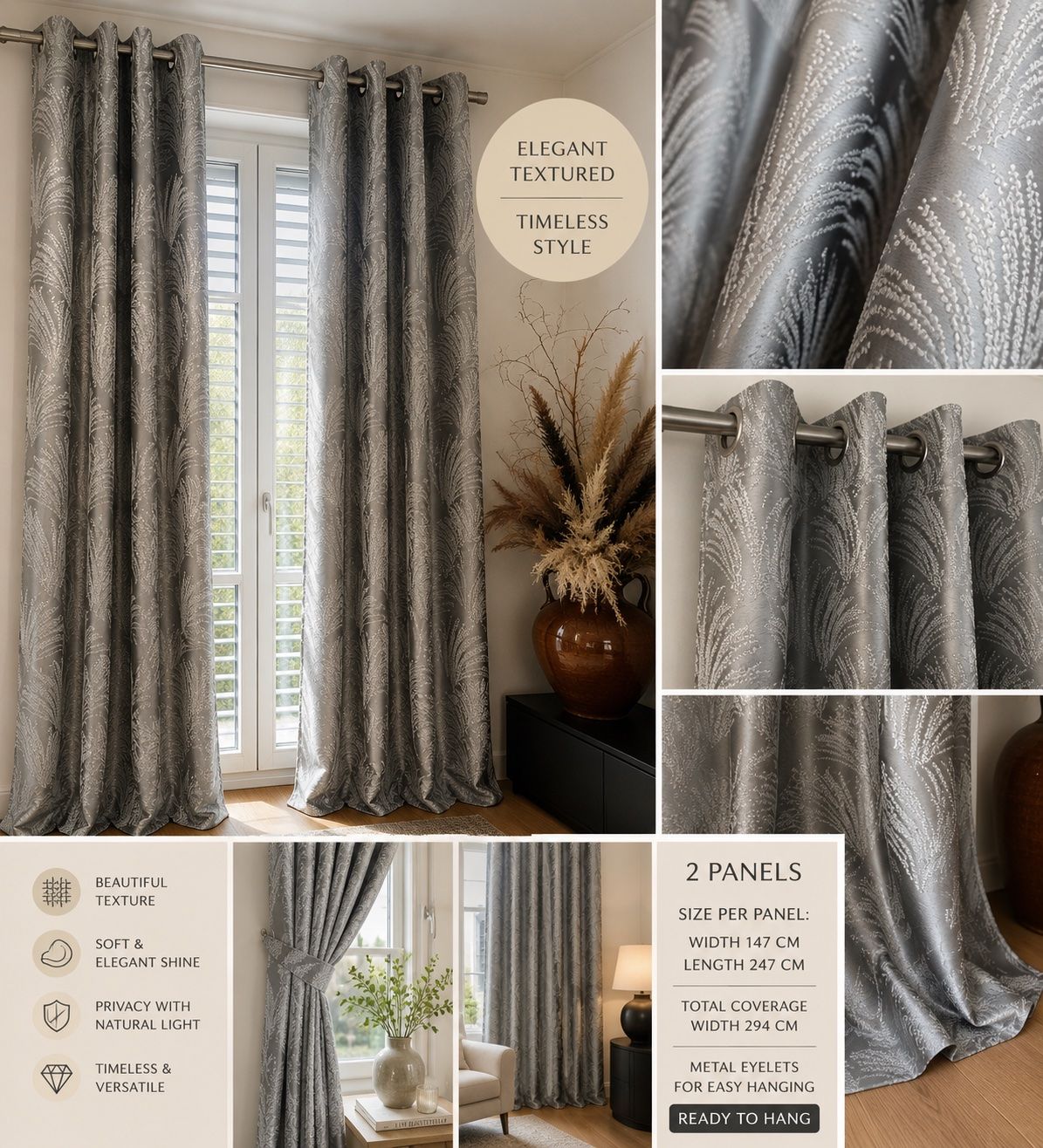 Rideaux: Elegant Silver Grey Textured Curtains – Set of 2 – D'occasion à Zürich par Curated.Chapters
