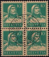 10 Rp. Tell - Viererblock mit Zentrumstempel LAUSANNE 1929